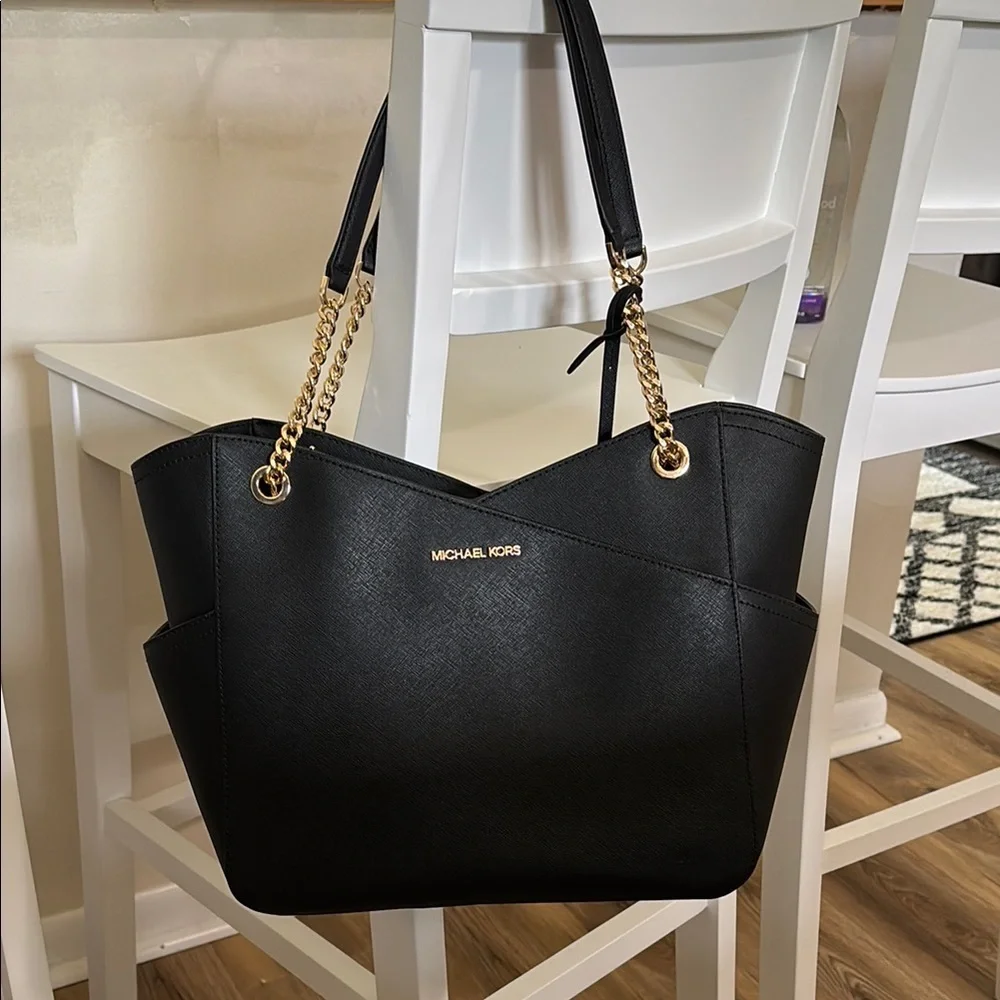 Michael Kors Black and Gold Tote with Chain Accents - Picture 1 of 11